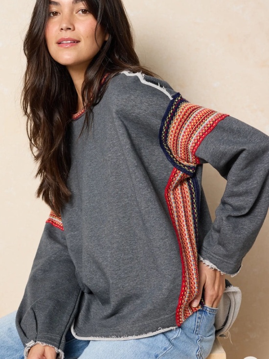 Natural Life Oversized Knit Trim Sweatshirt Gray Pullover Top S/M Small Medium - Picture 3 of 8